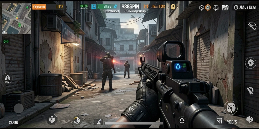 Tangkapan layar dari gameplay menegangkan 988SPIN di medan perang.